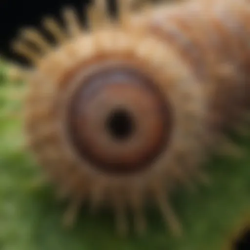 Close-up view of a moth larva on a leaf showcasing its intricate texture and coloration