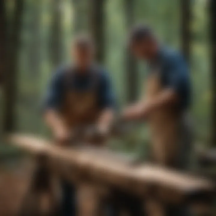 Artisan craftsmen demonstrating the use of a two-man saw in a workshop