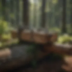 A classic two-man saw resting against a tree stump in a serene forest setting