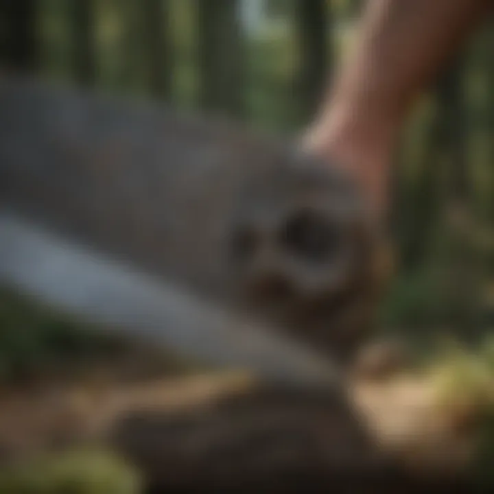 Detailed close-up of the blade of a two-man saw showing its teeth and craftsmanship