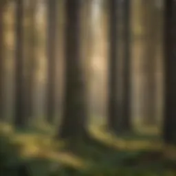 An overview of a forest landscape with marked trees for cutting