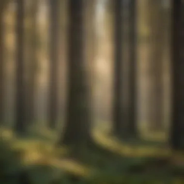 An overview of a forest landscape with marked trees for cutting