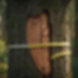 Close-up view of tree diameter tape measuring the circumference of a tree trunk