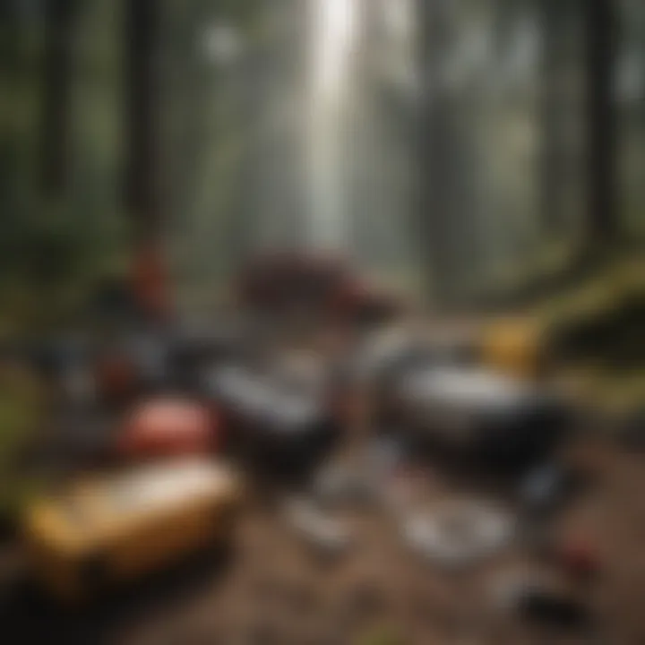 Diverse range of extrication tools laid out on a forest backdrop