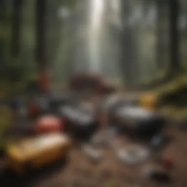 Essential Tools for Wildland Extrication Diverse range of extrication tools laid out on a forest backdrop