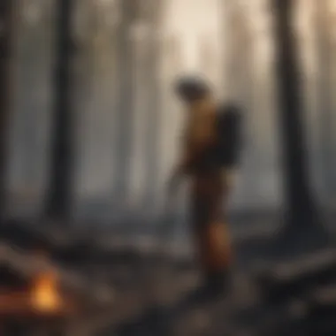 Dedicated Wildland Firefighter Surveying Charred Landscape US Wildland Firefighter surveying charred landscape post-wildfire extinguishment