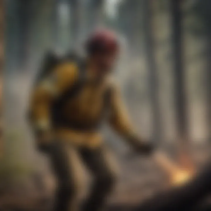 Intrepid US Wildland Firefighter combatting a raging blaze in the forest