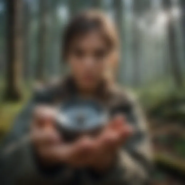Navigating with a Compass Survivalist using a compass to navigate through dense forest