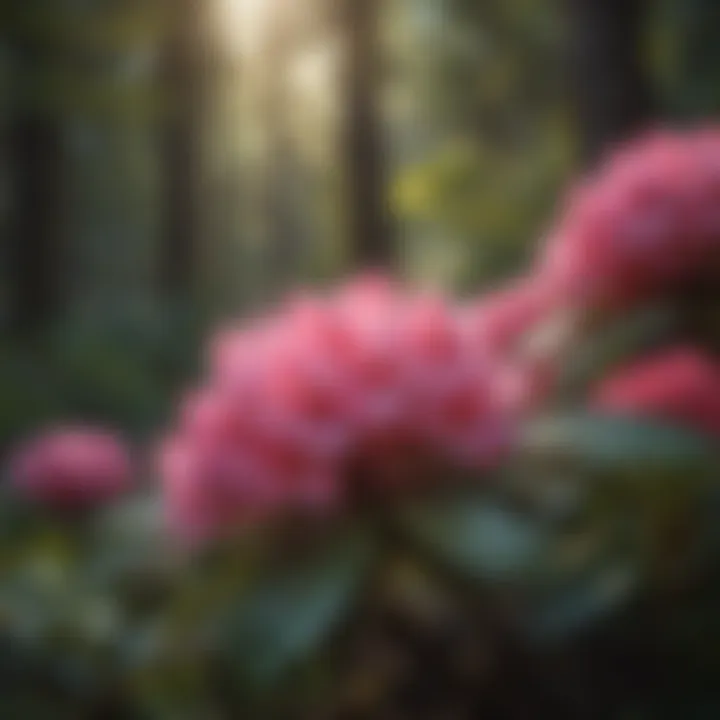 Vibrant blooming Rhododendron in a serene Pacific Northwest garden