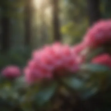 Nature's Palette: Rhododendron Beauty Vibrant blooming Rhododendron in a serene Pacific Northwest garden