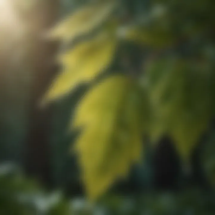 Close-up of tree leaves with dew drops reflecting sunlight