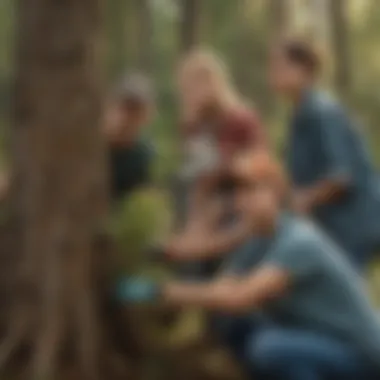 A diverse group of volunteers caring for a young tree