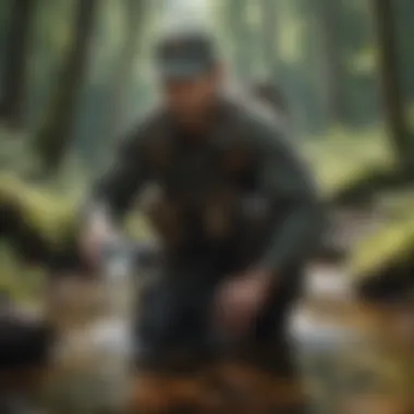 Water Sourcing and Purification Survivalist collecting and purifying water from a natural source