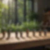 Different types of weed sprayer nozzles arranged on a workbench