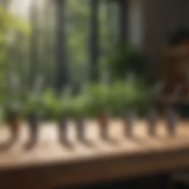 Different types of weed sprayer nozzles arranged on a workbench