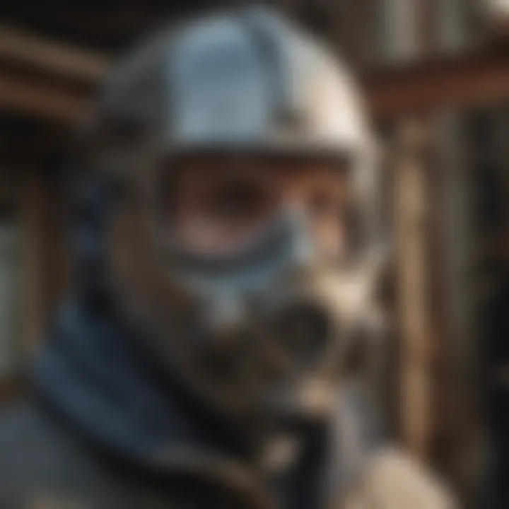 Close-up of welding mask against backdrop of industrial setting in Colorado