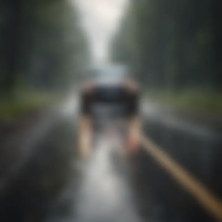 Navigating Wet Roads Safely A car driving cautiously on a wet road