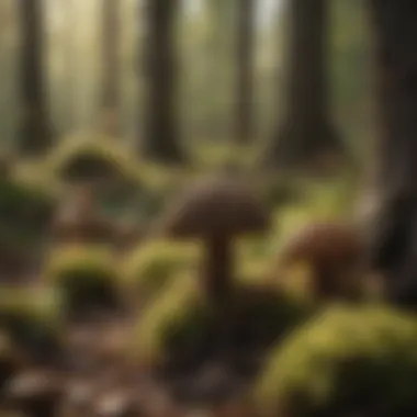 Lush forest floor with morel mushrooms emerging