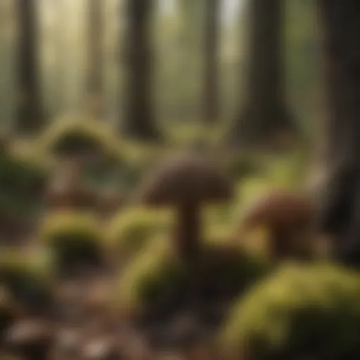 Lush forest floor with morel mushrooms emerging
