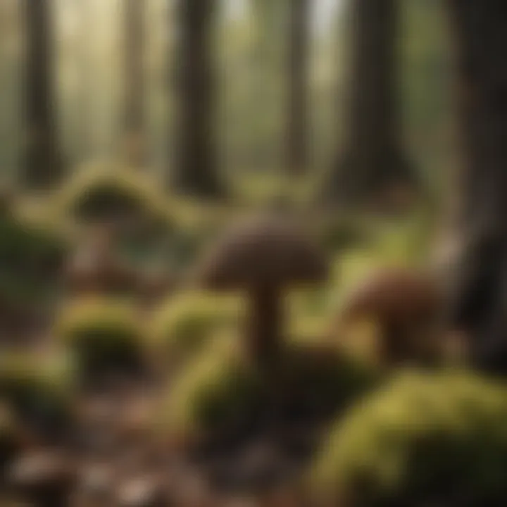 Lush forest floor with morel mushrooms emerging