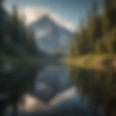 Reflection of towering mountains in the calm waters of the lake