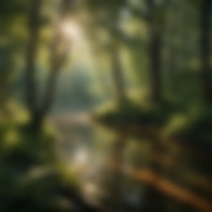 Sunlight filtering through lush green foliage by the lake