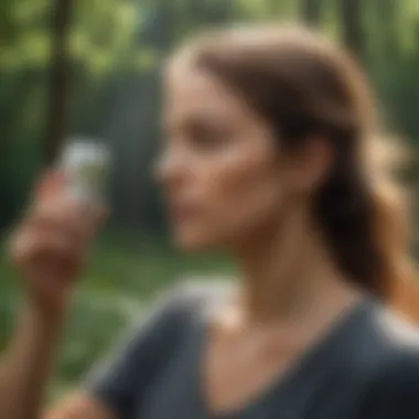 Woman applying tick repellent spray on her hair