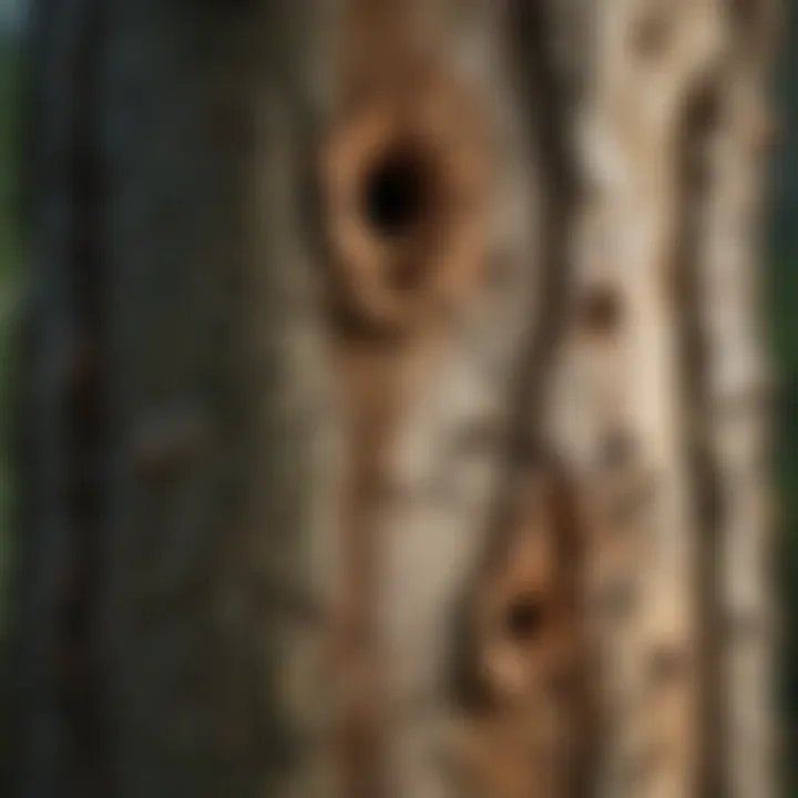 Close-up of tree bark with pecking holes made by woodpeckers