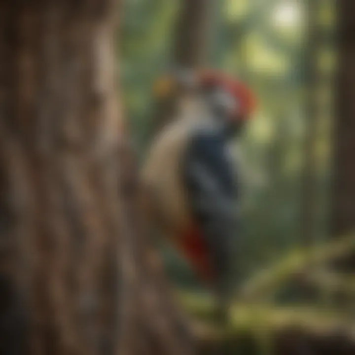 Woodpecker drumming on a tree for food