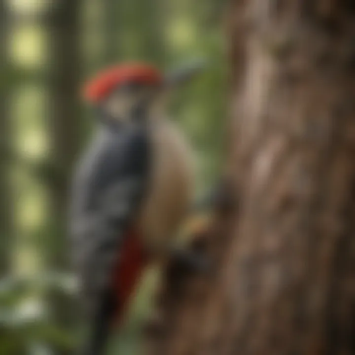 Woodpecker feeding its young in a forest setting