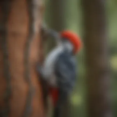 Red-cockaded woodpecker diligently pecking at a tree trunk in a protected forest area