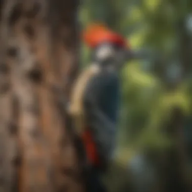 Woodpecker perched on a tree trunk with vibrant plumage