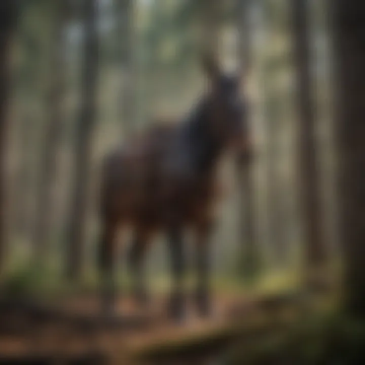 Forestry Companion A majestic work mule standing among tall pine trees
