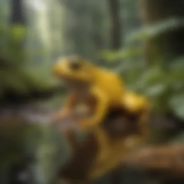 Enigmatic Yellow Frog in its Forest Habitat Vibrant yellow frog in lush forest environment