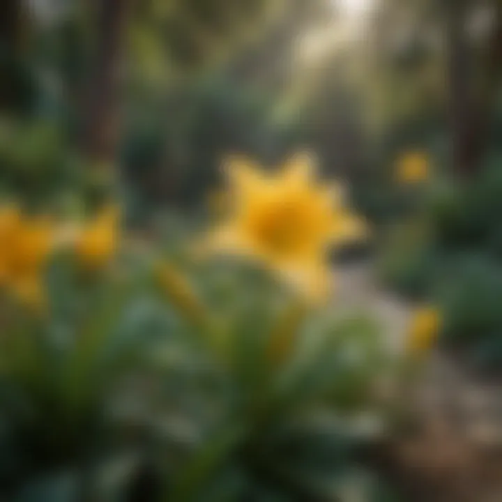 Yellow Lily Amidst Lush Garden Setting Yellow lily plant in a lush garden setting