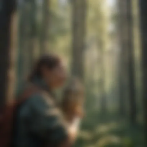 Zoologist observing a red-tailed hawk in forest