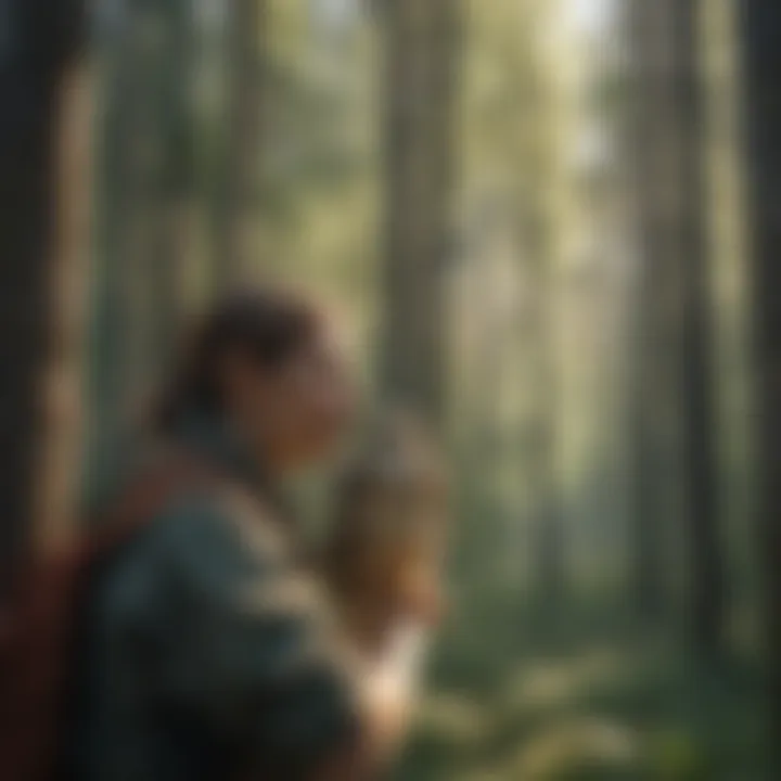 Zoologist observing a red-tailed hawk in forest